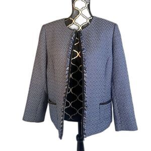 Tahari by Arthur S Levine Blue White Tweed Fringe Trim Open Front Blazer Sz 14